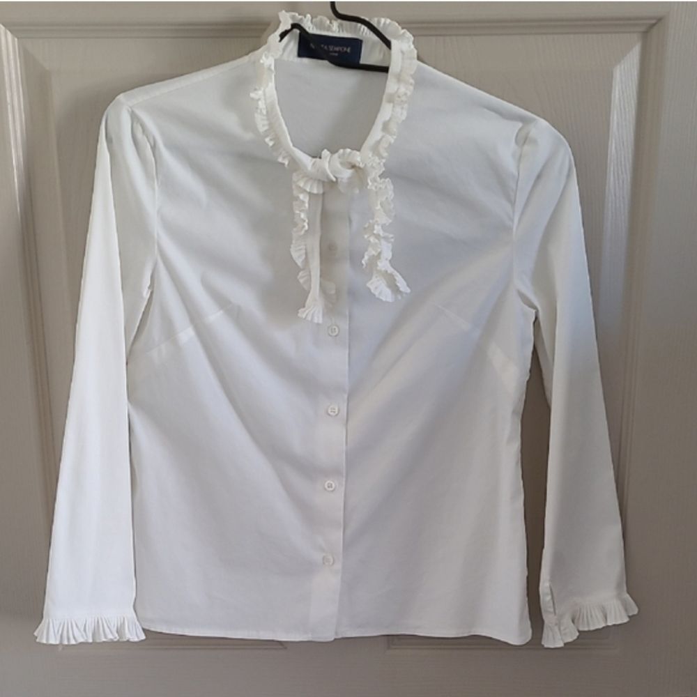 Piazza Sempione White Ruffle Trim Blouse Sz 40/ Small